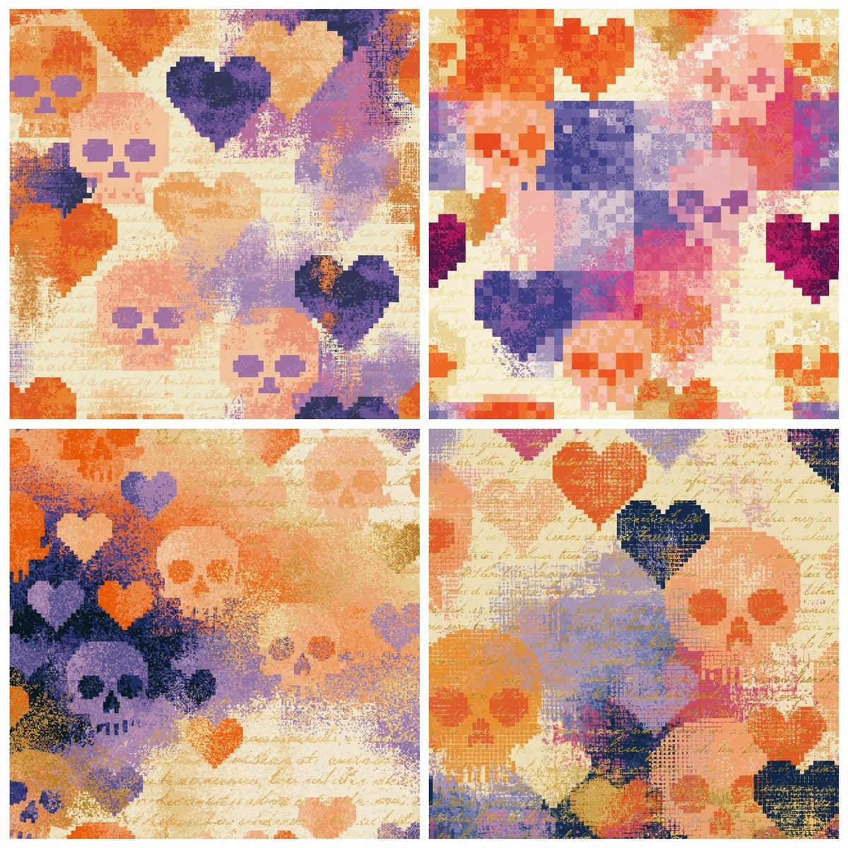 Four more Pixel Skulls Hearts Tangerine Lavender digital papers from the pack shown in a grid