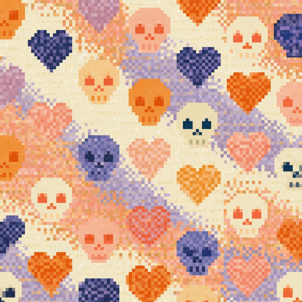 Single Pixel Skulls Hearts Tangerine Lavender digital paper shown full size