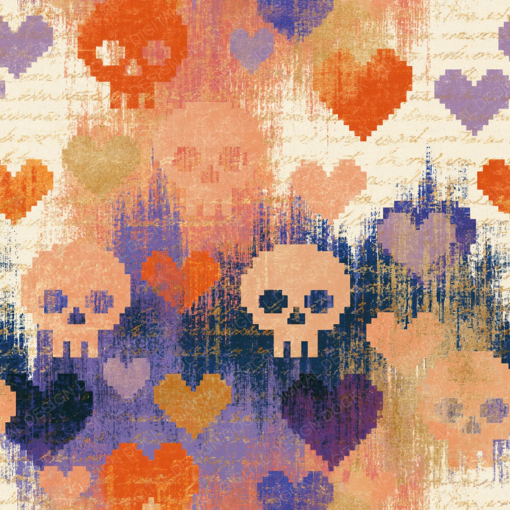 Another Pixel Skulls Hearts Tangerine Lavender digital paper shown full size
