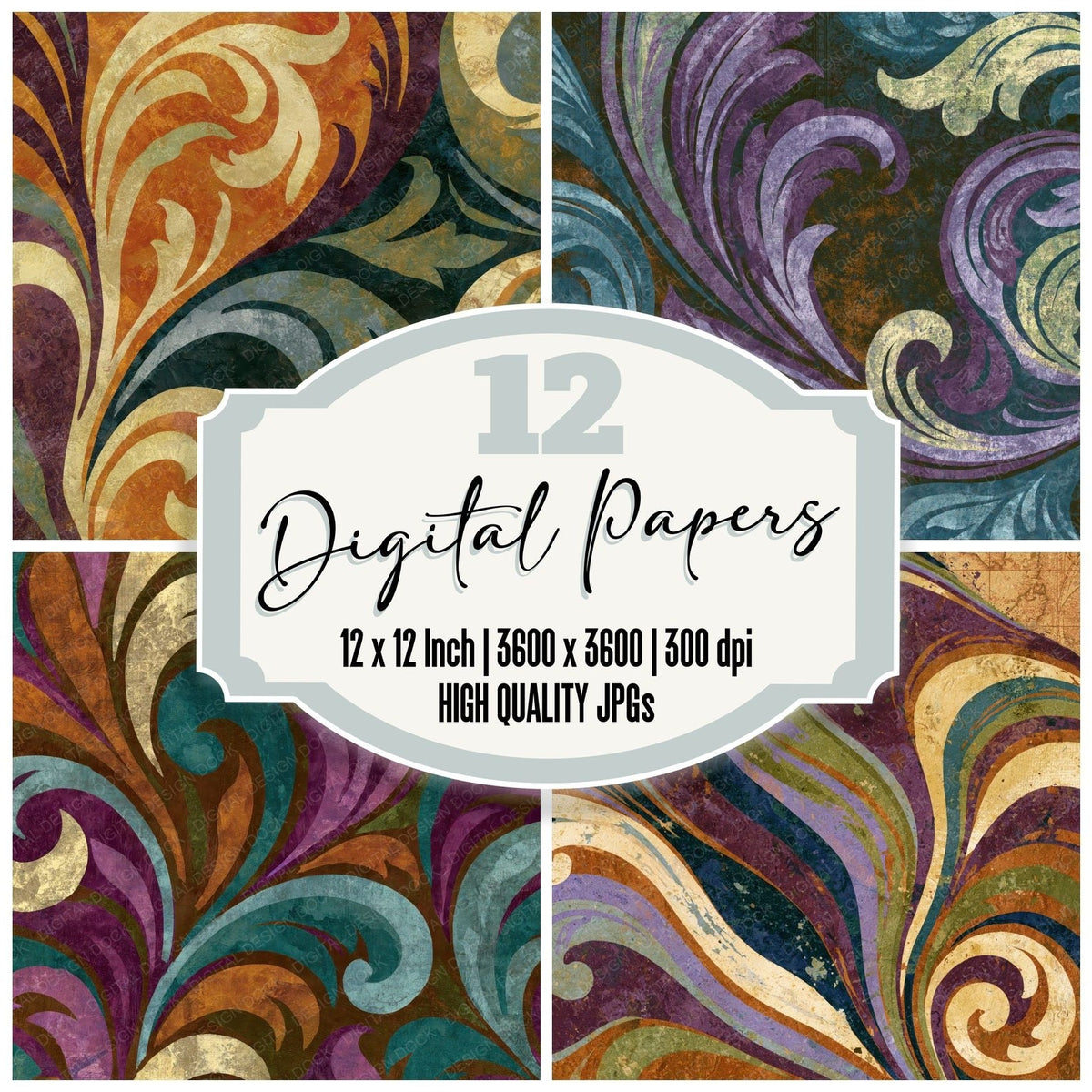 Rococo Plum Moss Tobacco Abstract digital paper pack cover showing four of the 12 papers
