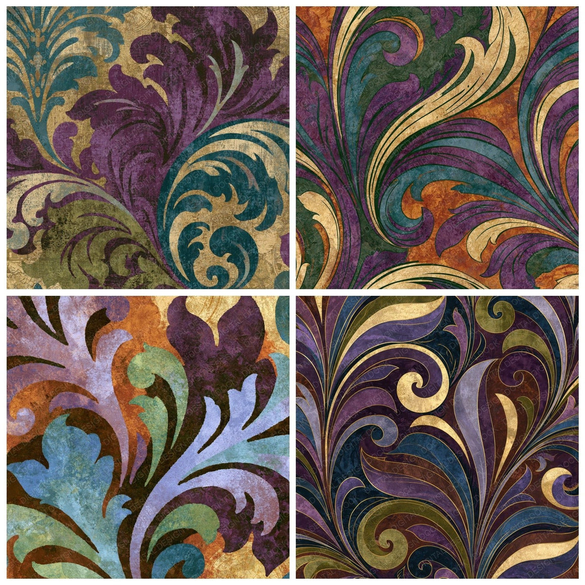 Four Rococo Plum Moss Tobacco Abstract digital papers from the pack shown in a grid