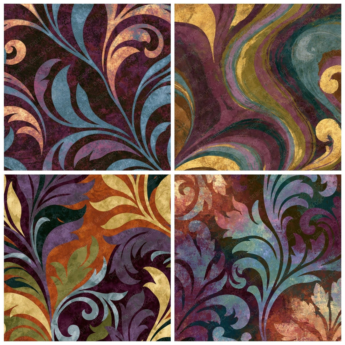 Four more Rococo Plum Moss Tobacco Abstract digital papers from the pack shown in a grid