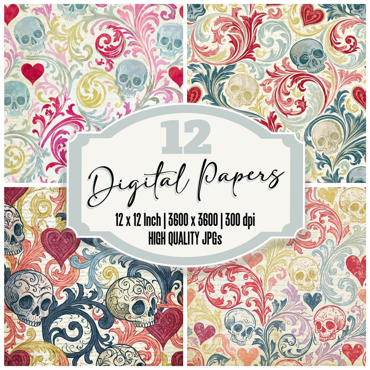 Rococo Skulls Hearts Ivory Red digital paper pack cover showing four of the 12 papers