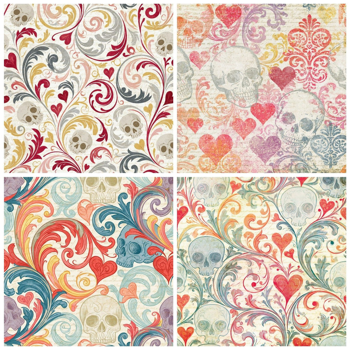Four Rococo Skulls Hearts Ivory Red digital papers from the pack shown in a grid