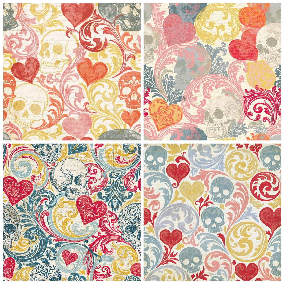 Four more Rococo Skulls Hearts Ivory Red digital papers from the pack shown in a grid