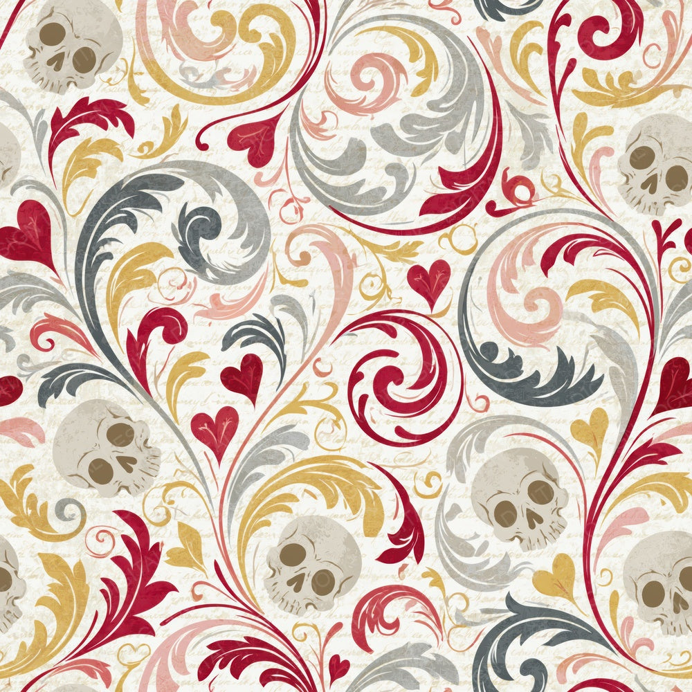 Single Rococo Skulls Hearts Ivory Red digital paper shown full size