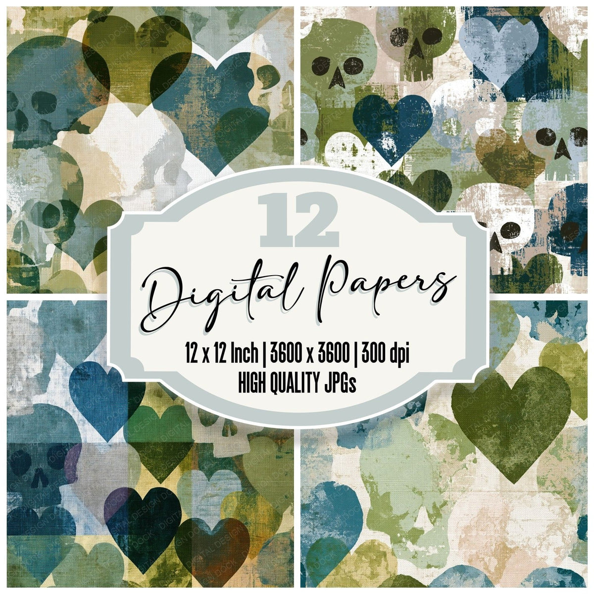 Scandinavian Skulls Hearts Eucalyptus Moss digital paper pack cover showing four of the 12 papers