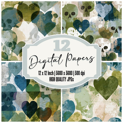 Scandinavian Skulls Hearts Eucalyptus Moss digital paper pack cover showing four of the 12 papers