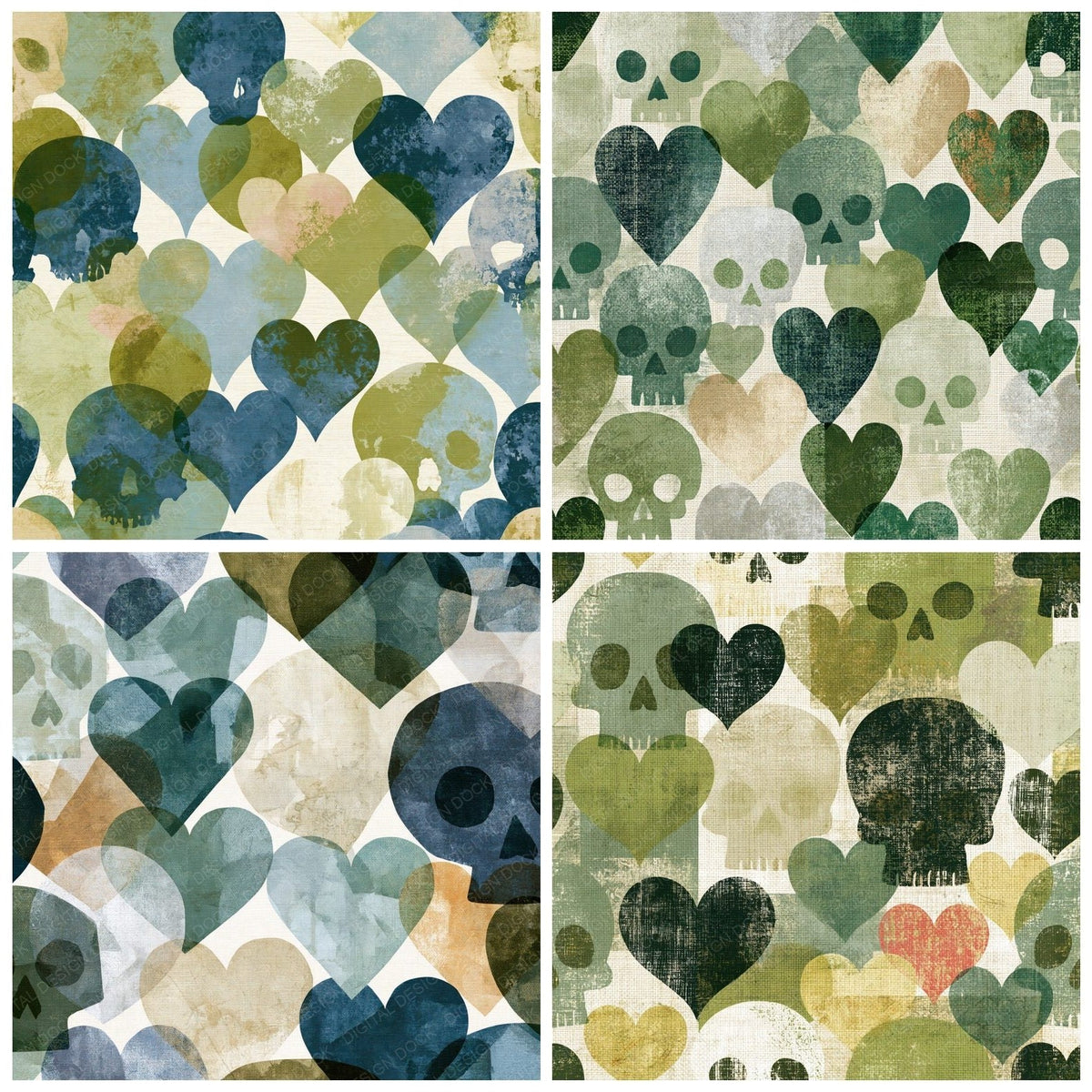 Four Scandinavian Skulls Hearts Eucalyptus Moss digital papers from the pack shown in a grid