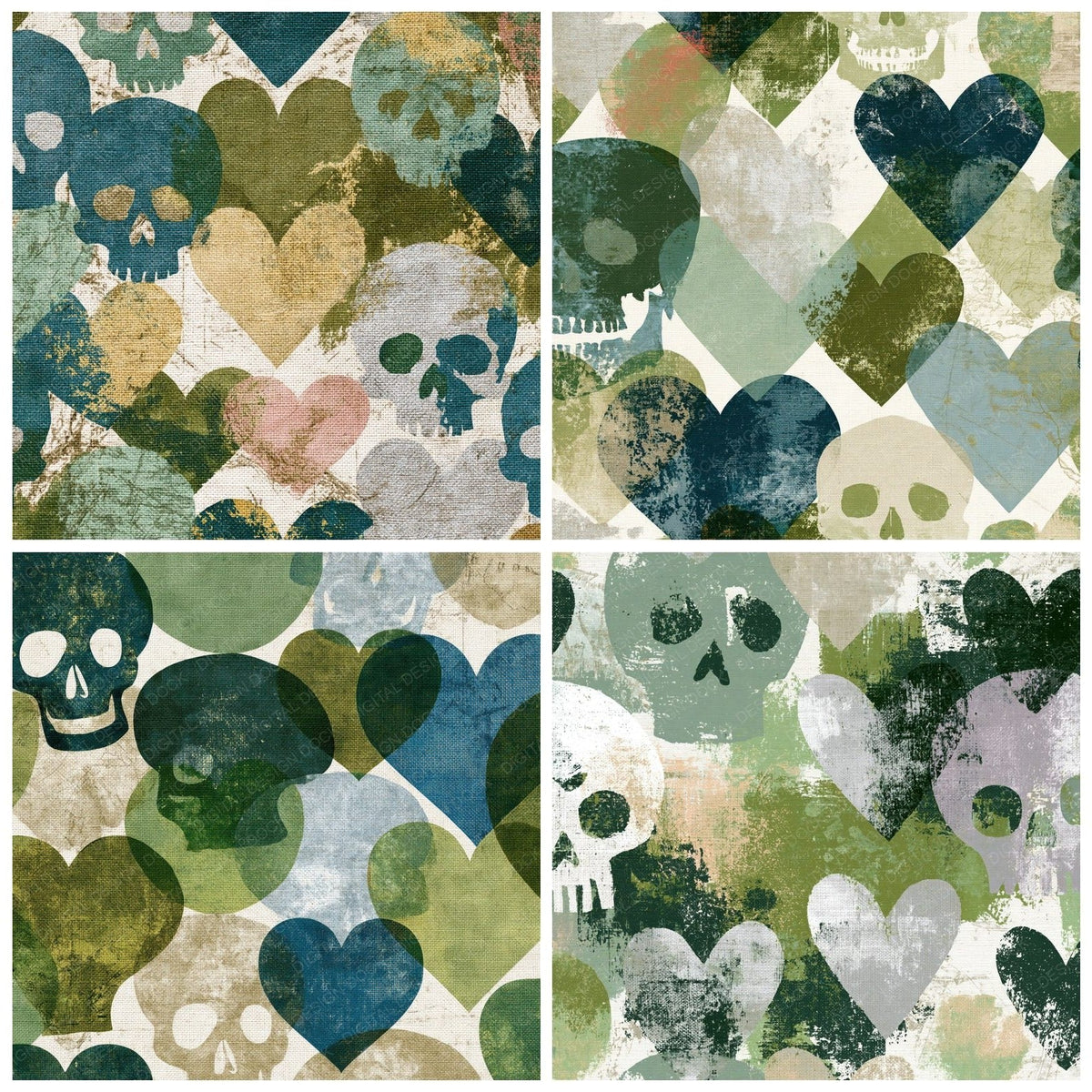 Four more Scandinavian Skulls Hearts Eucalyptus Moss digital papers from the pack shown in a grid