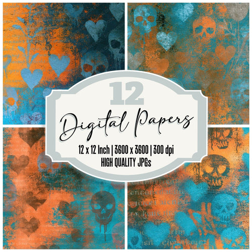 Street Art Skulls Hearts Turquoise digital paper pack cover showing four of the 12 papers