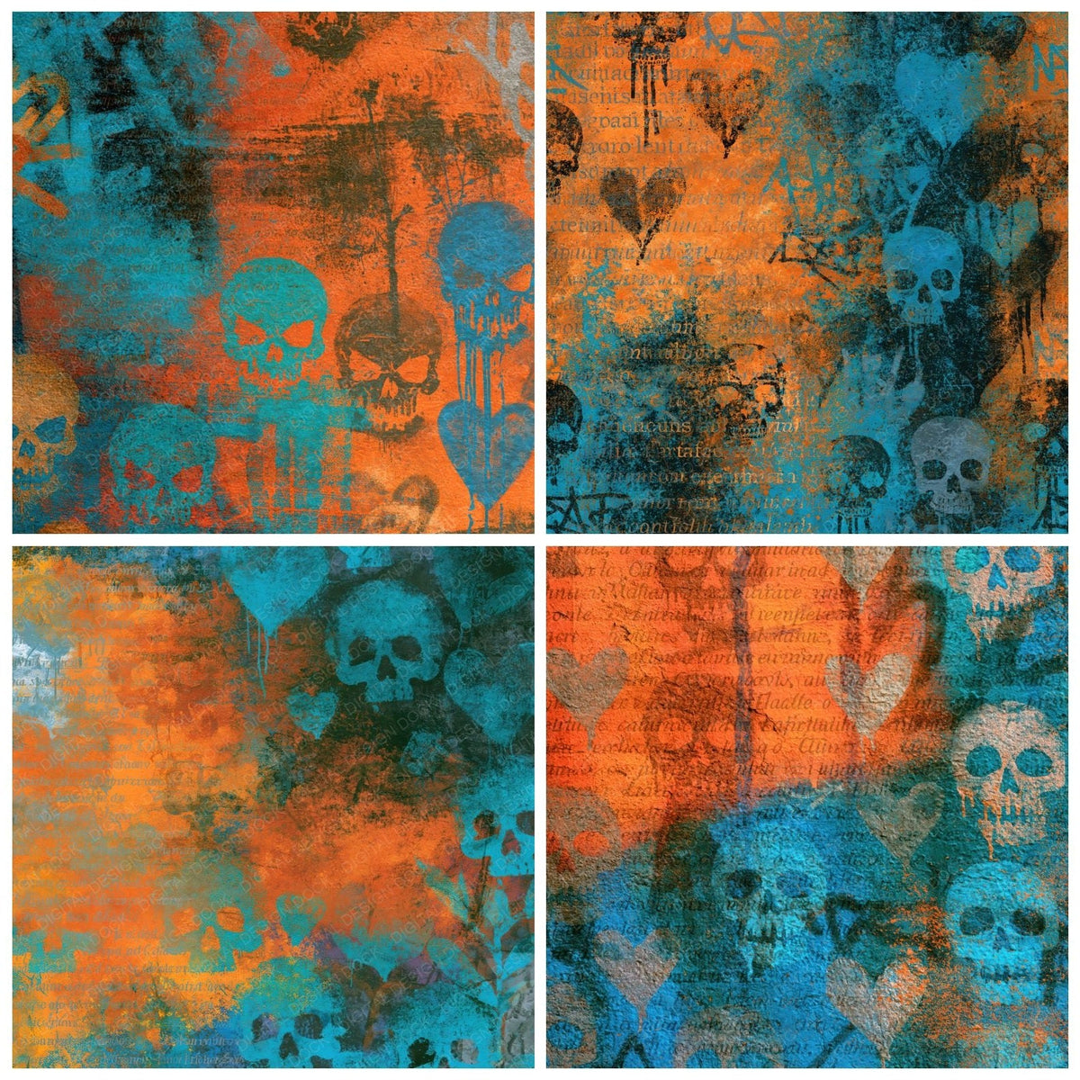 Four Street Art Skulls Hearts Turquoise digital papers from the pack shown in a grid