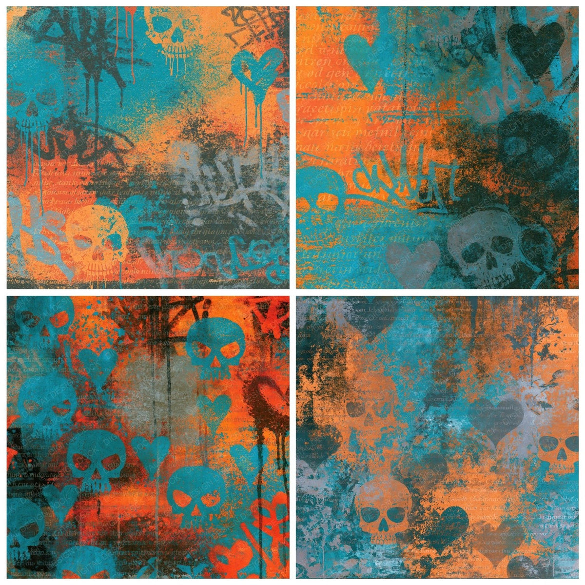 Four more Street Art Skulls Hearts Turquoise digital papers from the pack shown in a grid