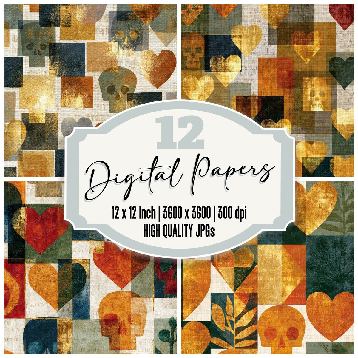 Suprematist Skulls Hearts Amber Linen digital paper pack cover showing four of the 12 papers