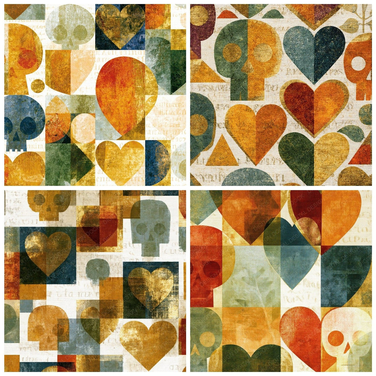 Four more Suprematist Skulls Hearts Amber Linen digital papers from the pack shown in a grid