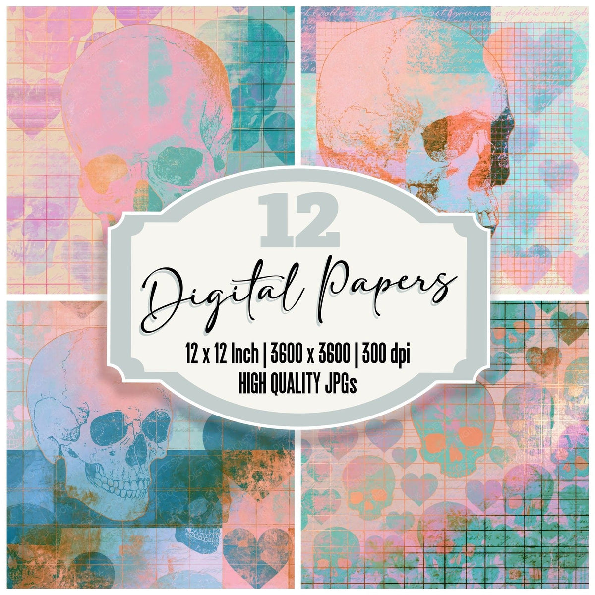 Vaporwave Skulls Hearts Pink Seafoam digital paper pack cover showing four of the 12 papers