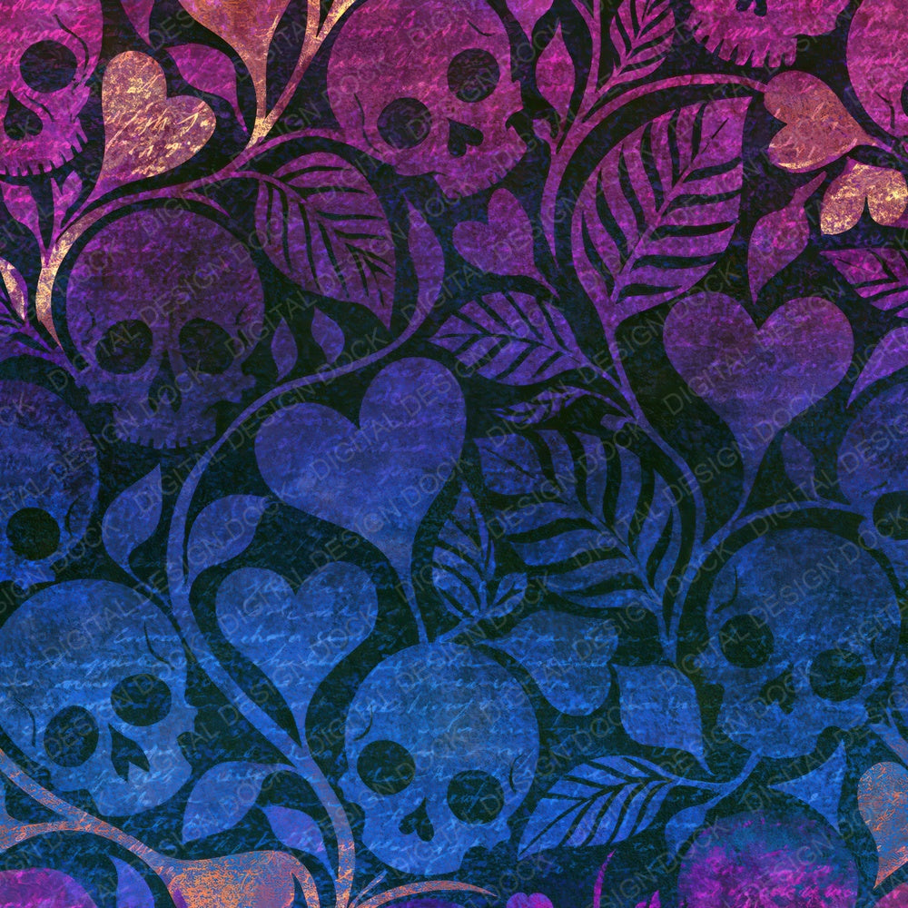 Another Vintage Fairytale Skulls Hearts Amethyst Pearl digital paper shown full size