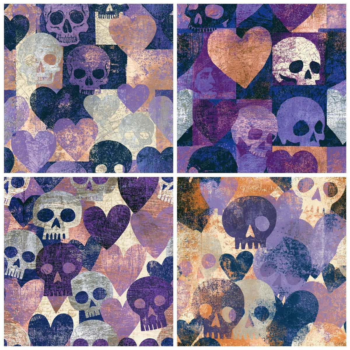 Four more Woodblock Skulls Hearts Amethyst Lavender Seamless digital papers from the pack shown in a grid