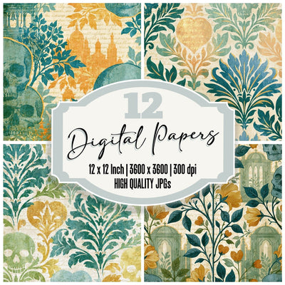 Edwardian Skulls Hearts Temples Ivory digital paper pack cover showing four of the 12 papers