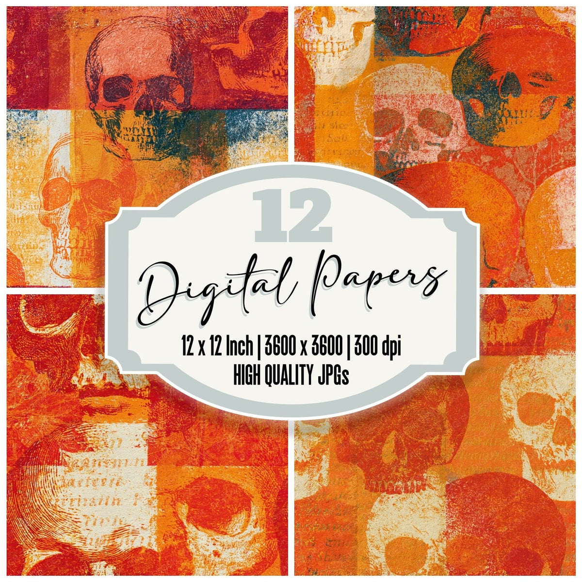 Etching Skulls Burnt Orange Cream Seamless digital paper pack cover showing four of the 12 papers