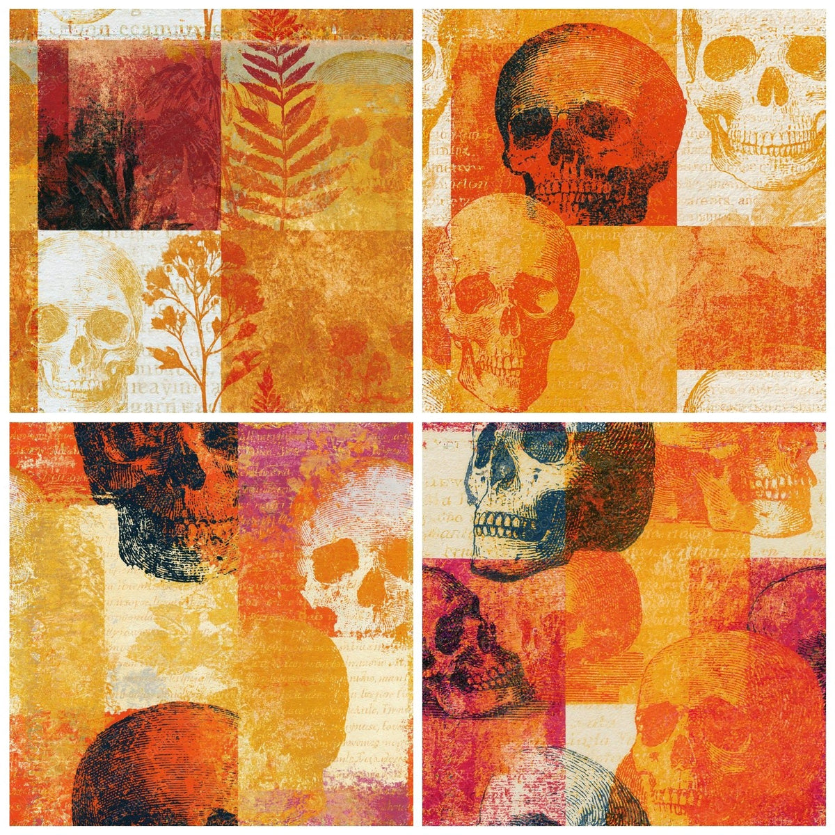 Four Etching Skulls Burnt Orange Cream Seamless digital papers from the pack shown in a grid