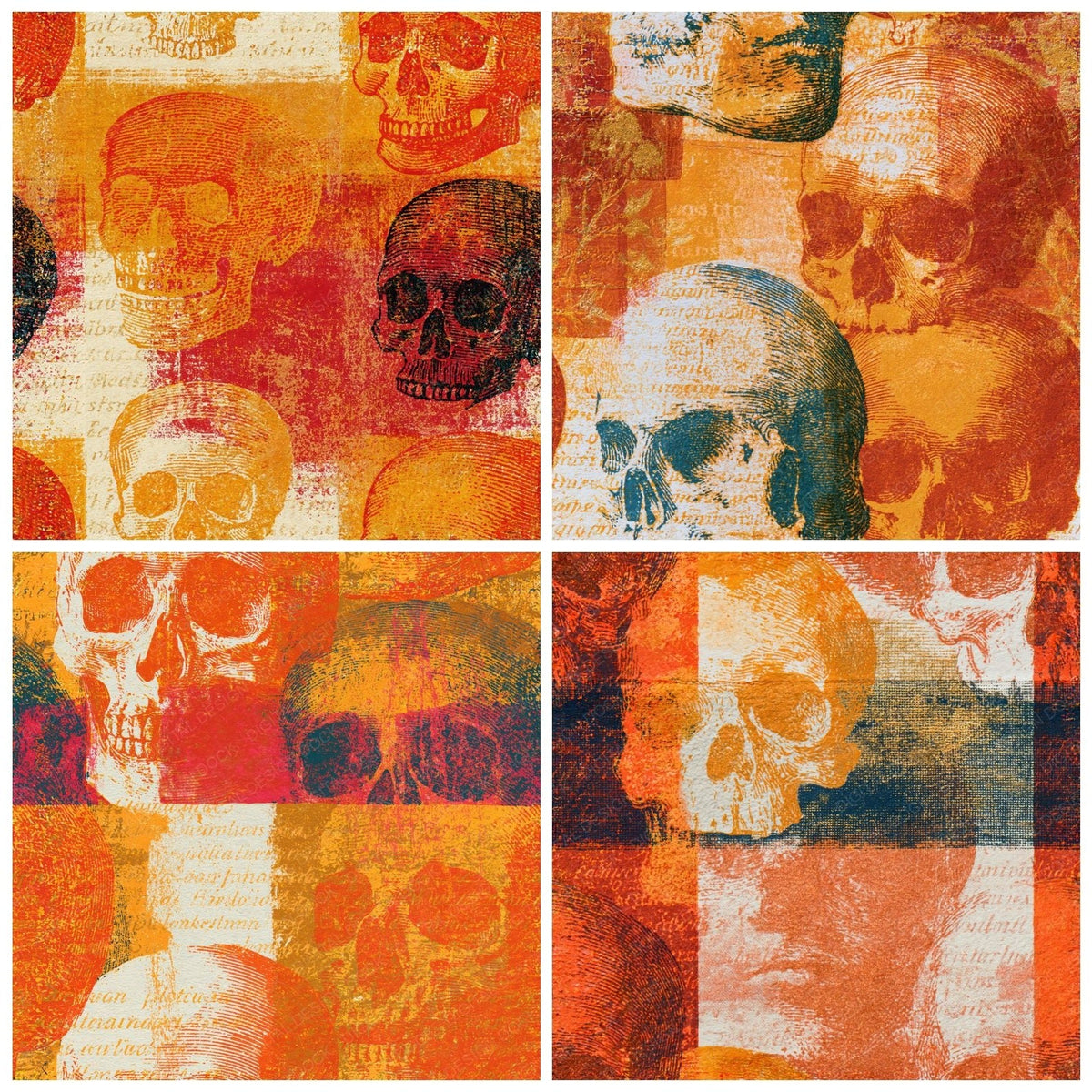 Four more Etching Skulls Burnt Orange Cream Seamless digital papers from the pack shown in a grid