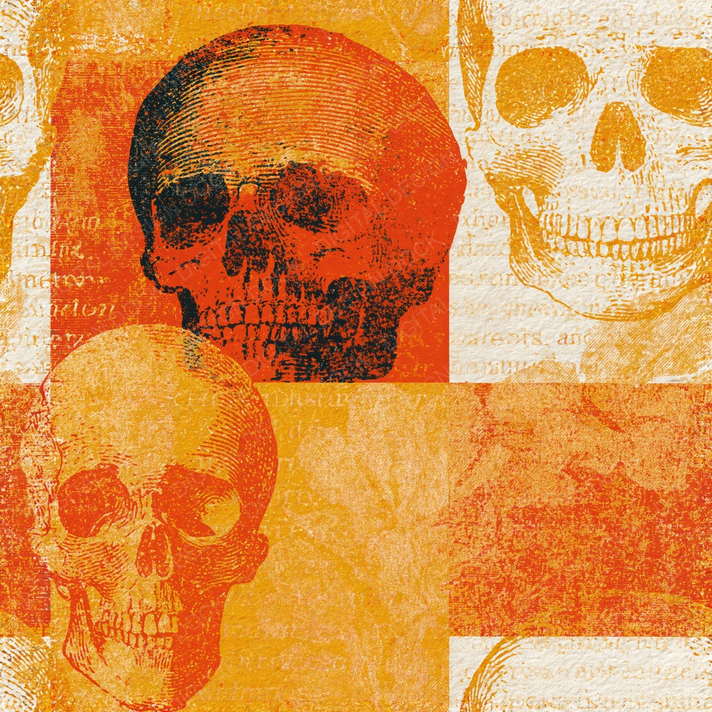 Another Etching Skulls Burnt Orange Cream Seamless digital paper shown full size