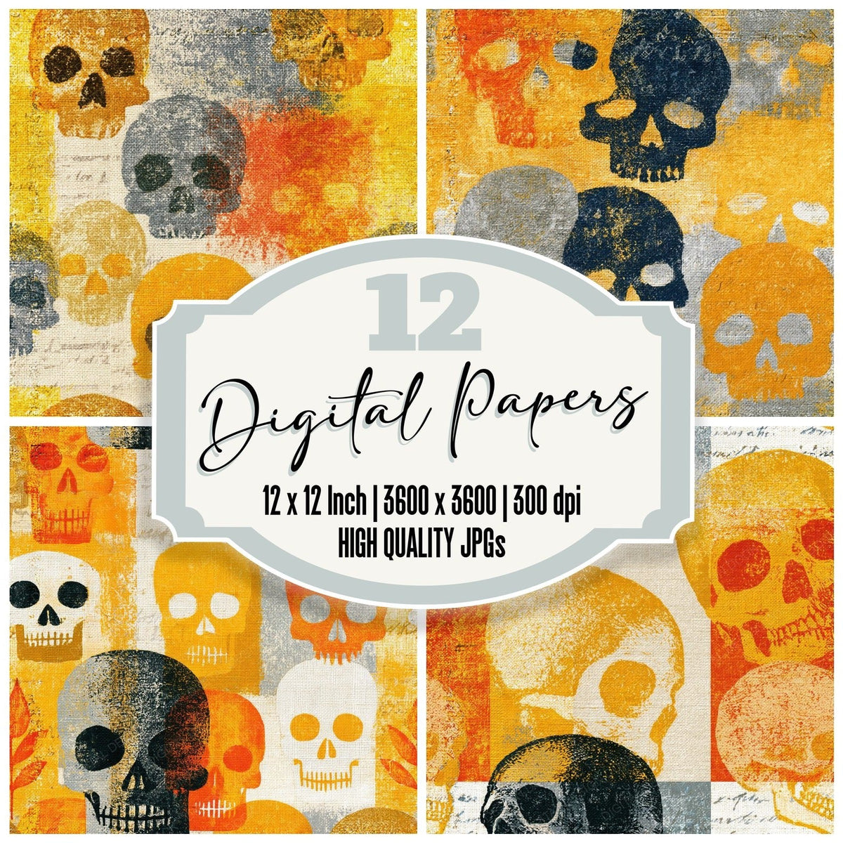 Linocut Skulls Wheat Gold Seamless digital paper pack cover showing four of the 12 papers