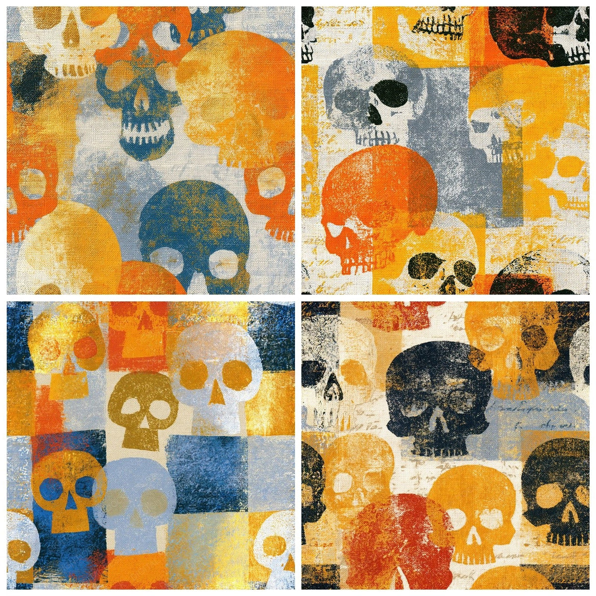 Four Linocut Skulls Wheat Gold Seamless digital papers from the pack shown in a grid