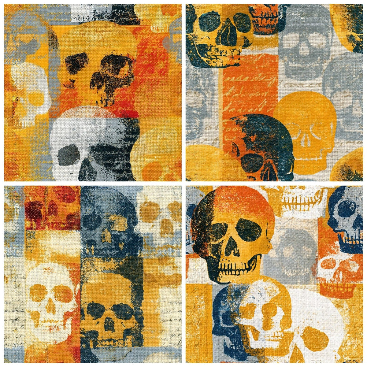 Four more Linocut Skulls Wheat Gold Seamless digital papers from the pack shown in a grid