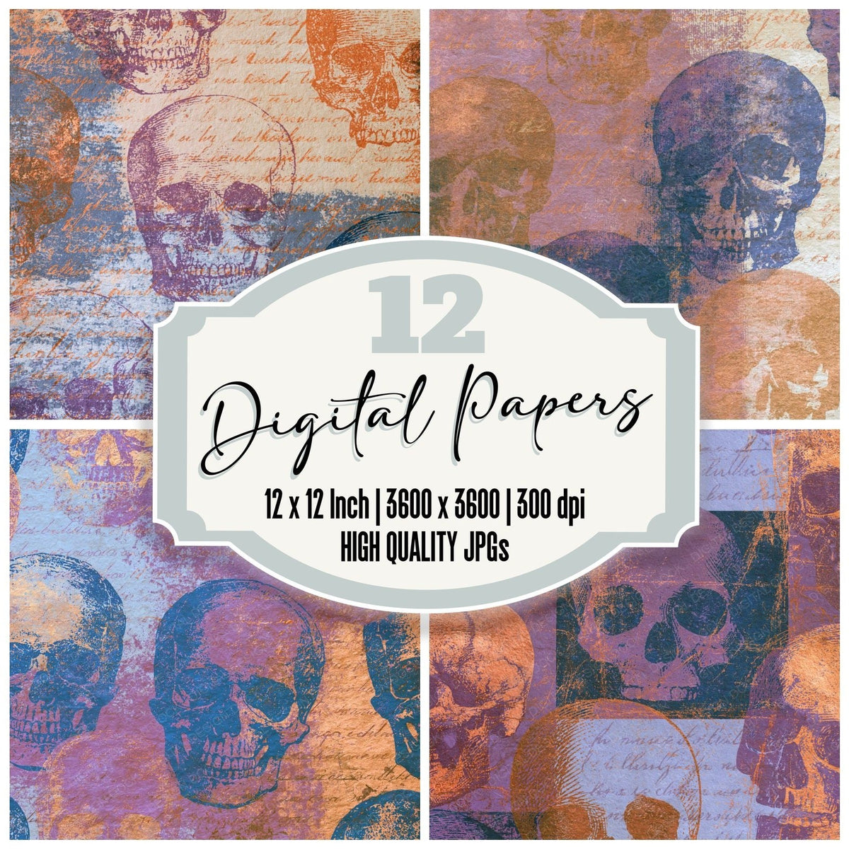 Lithograph Skulls Copper Mauve digital paper pack cover showing four of the 12 papers