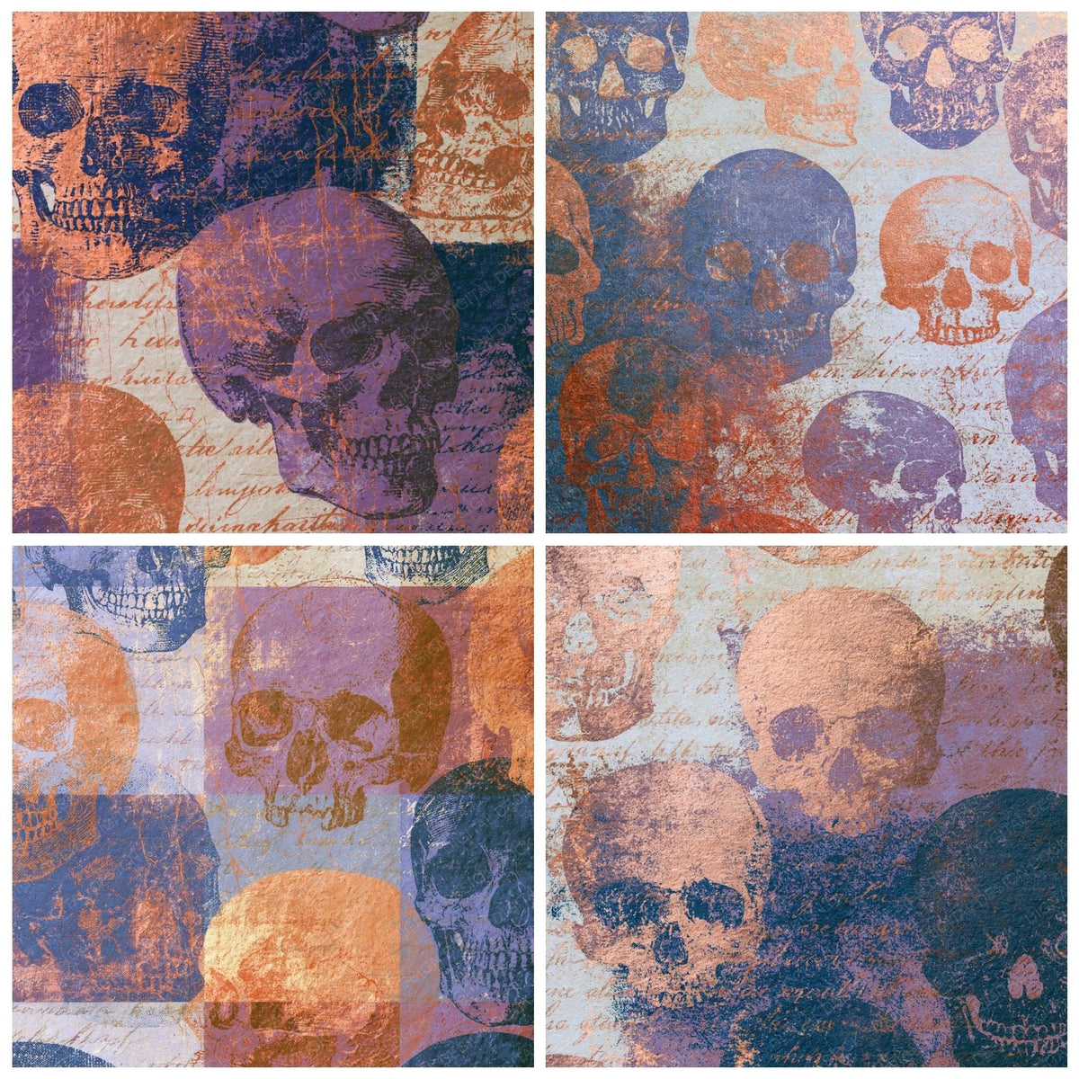 Four more Lithograph Skulls Copper Mauve digital papers from the pack shown in a grid