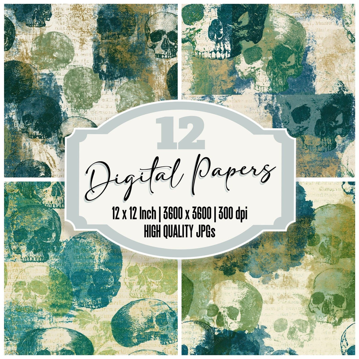 Monoprint Skulls Palm Teal Seamless digital paper pack cover showing four of the 12 papers