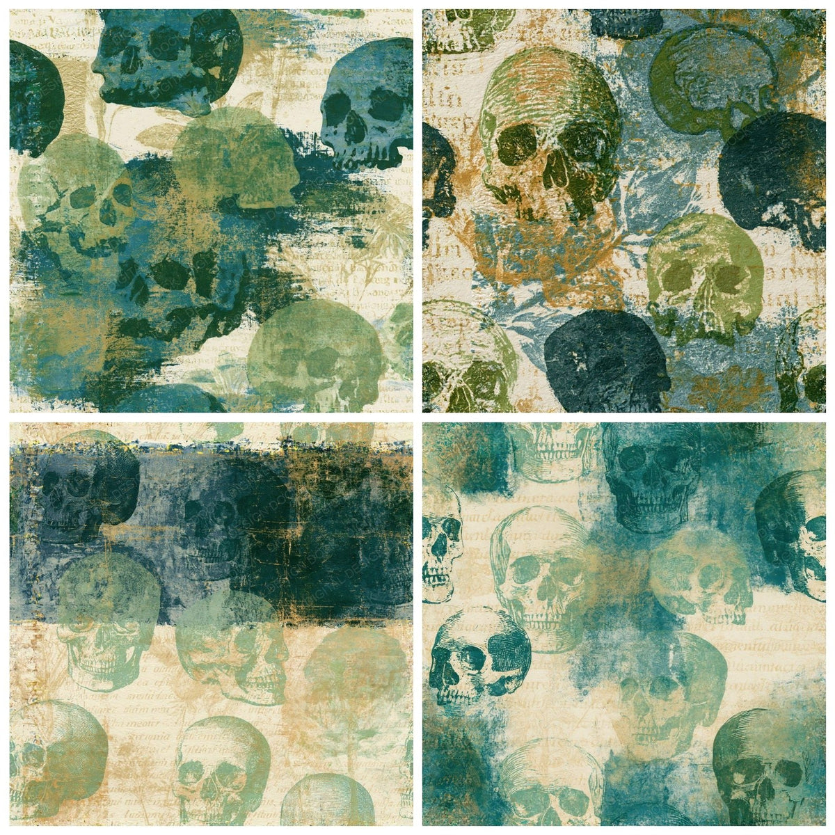 Four Monoprint Skulls Palm Teal Seamless digital papers from the pack shown in a grid