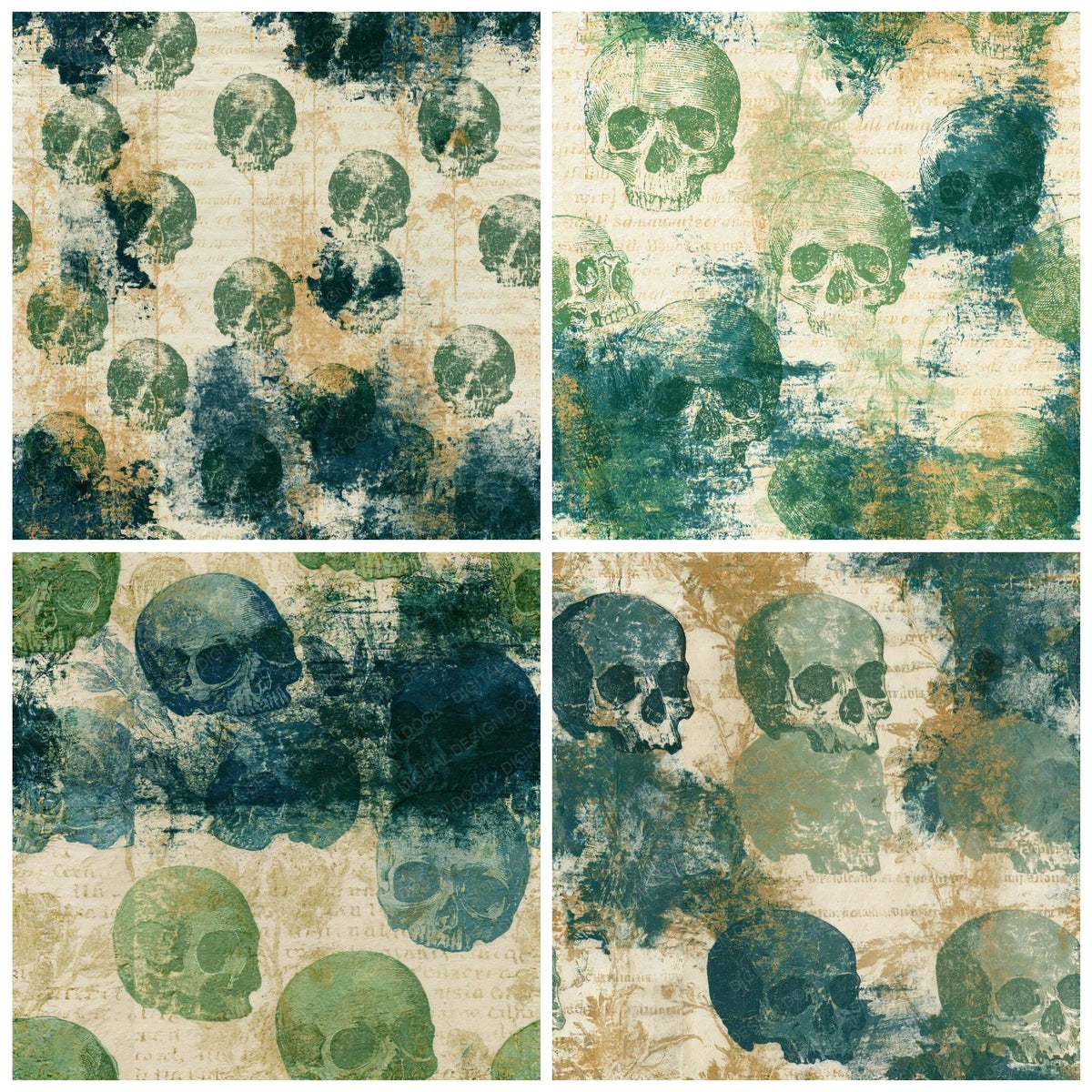 Four more Monoprint Skulls Palm Teal Seamless digital papers from the pack shown in a grid