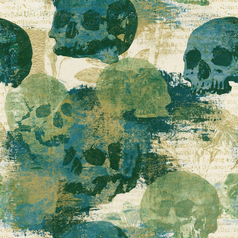 Single Monoprint Skulls Palm Teal Seamless digital paper shown full size