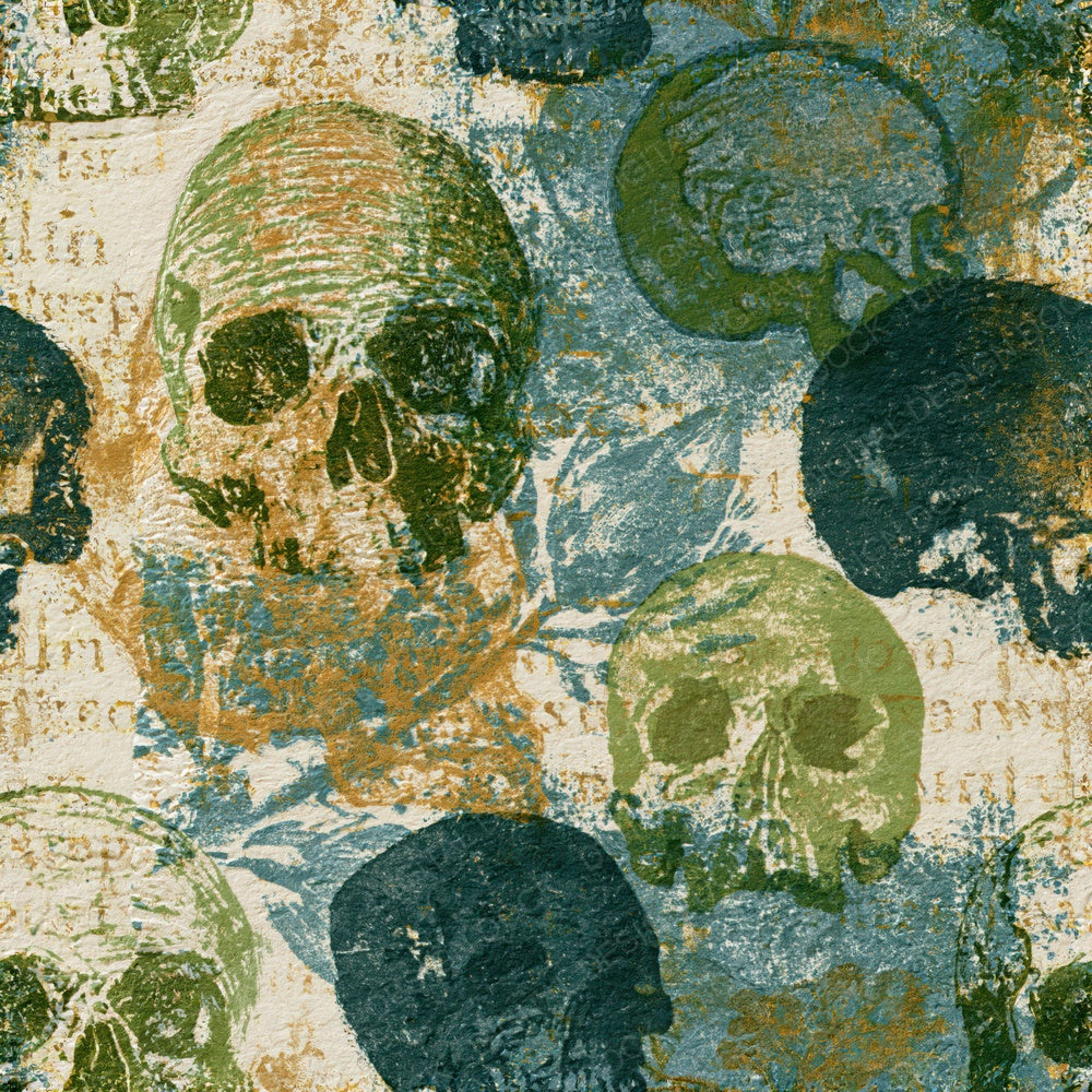 Another Monoprint Skulls Palm Teal Seamless digital paper shown full size
