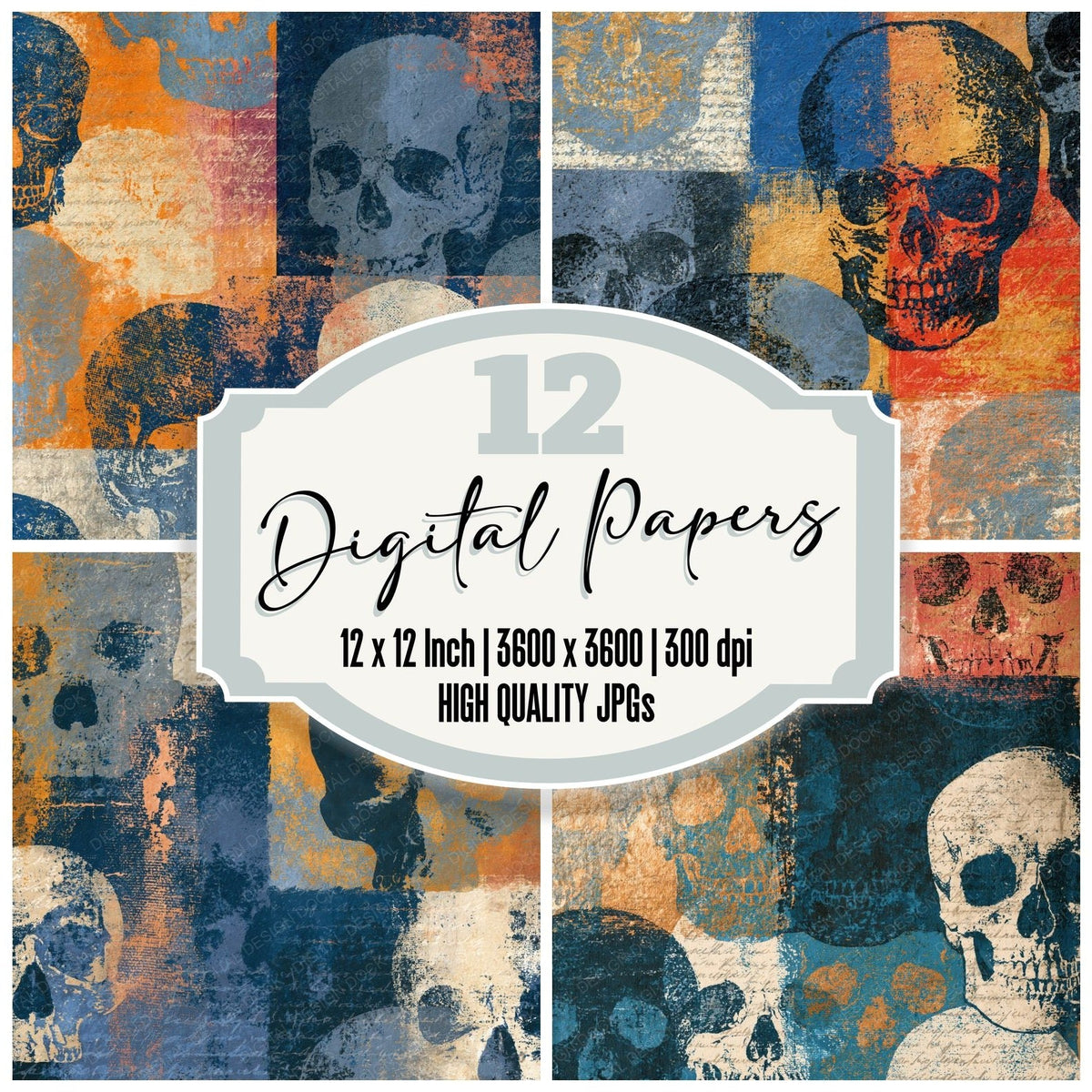 Monoprint Skulls Pewter Slate digital paper pack cover showing four of the 12 papers
