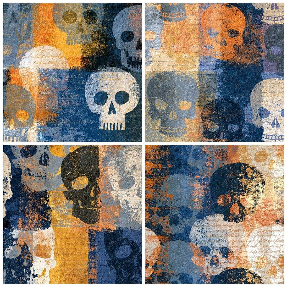 Four Monoprint Skulls Pewter Slate digital papers from the pack shown in a grid