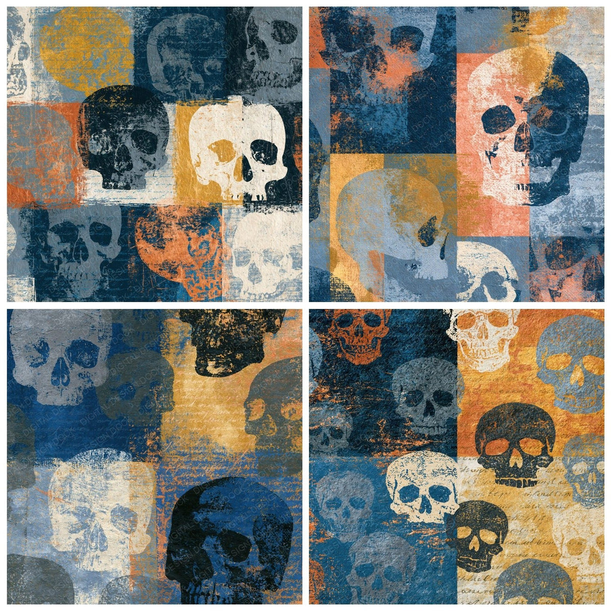 Four more Monoprint Skulls Pewter Slate digital papers from the pack shown in a grid
