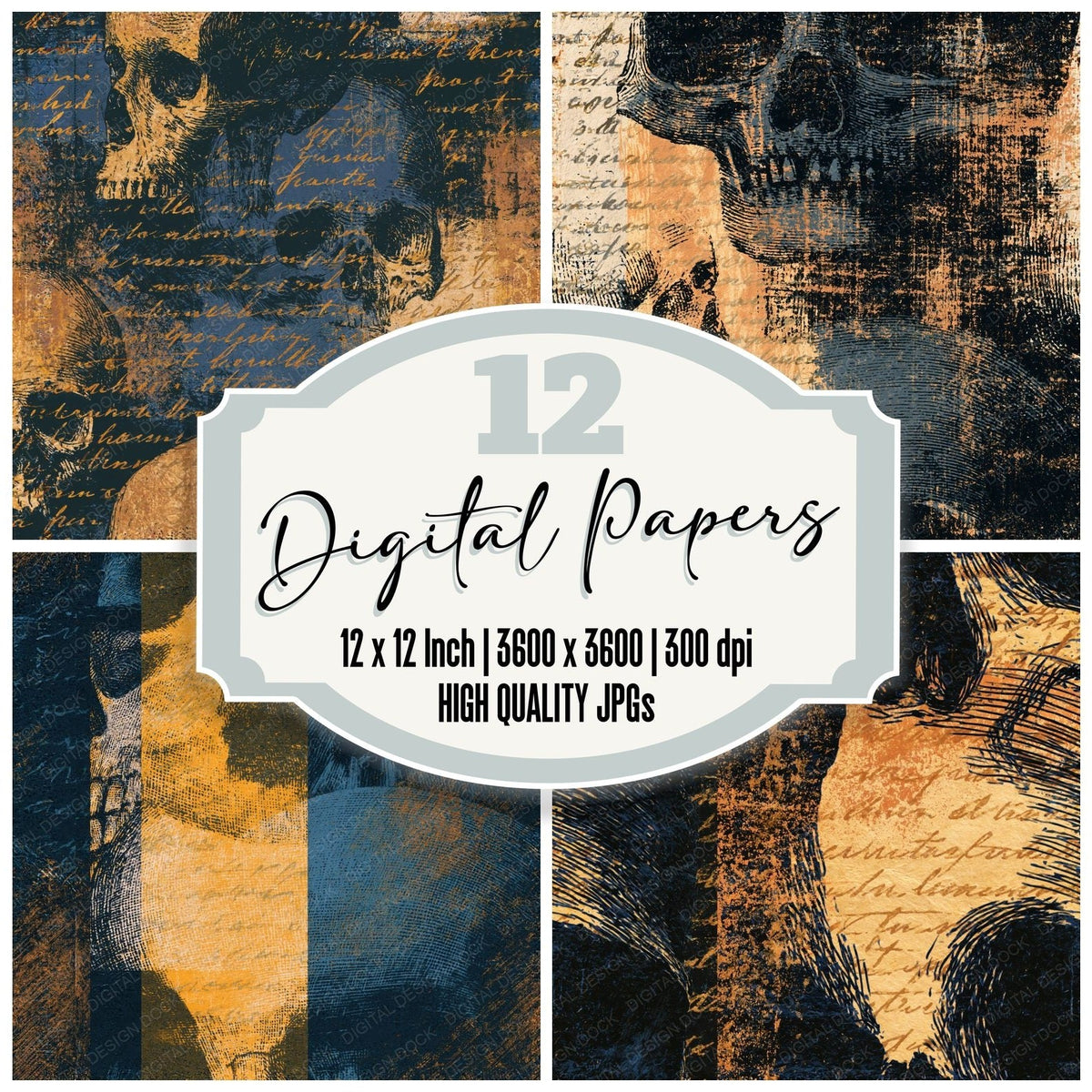 Scratchboard Skull Slate Butter Seamless digital paper pack cover showing four of the 12 papers