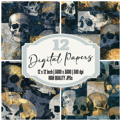 Scratchboard Skulls Grey Ivory Seamless digital paper pack cover showing four of the 12 papers
