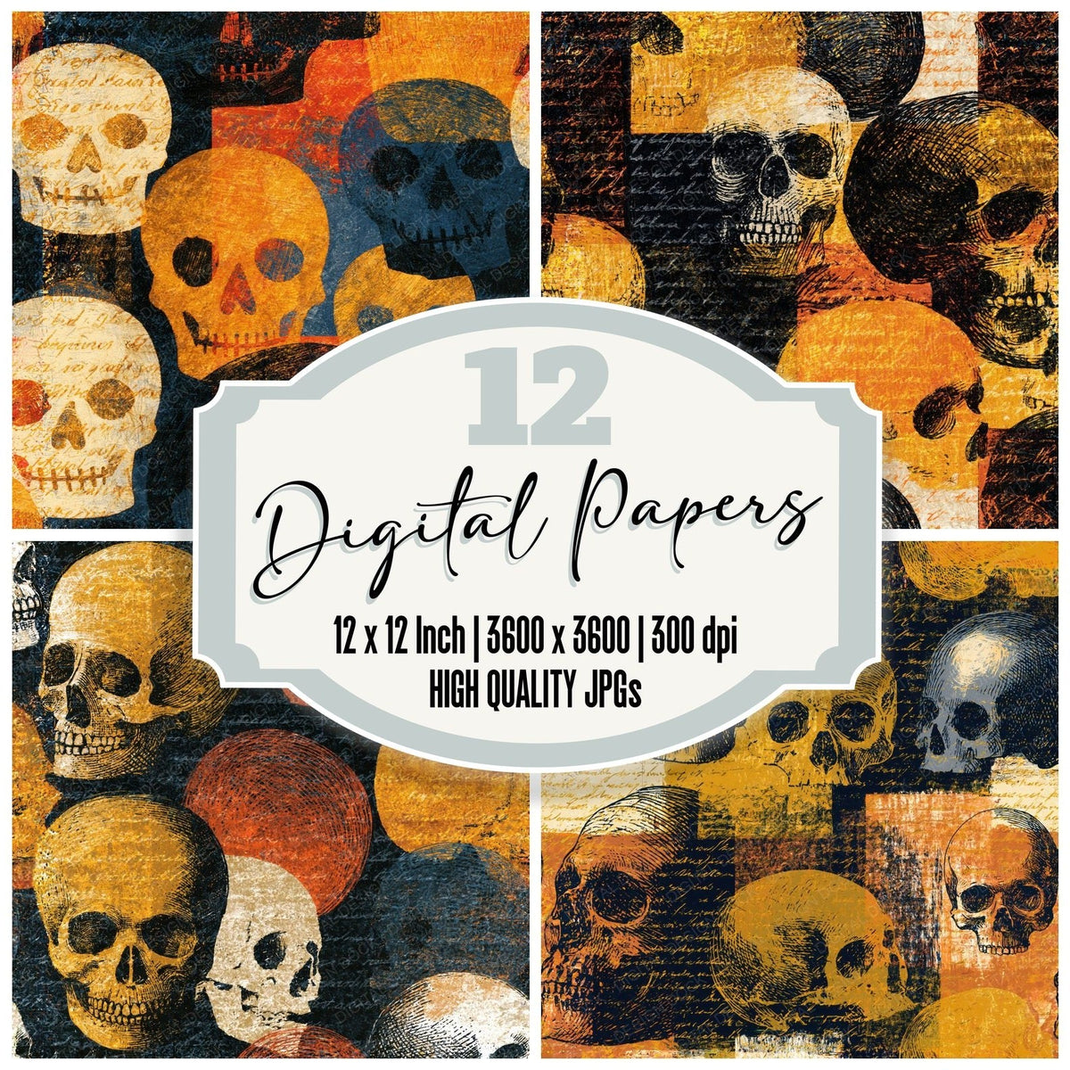 Scratchboard Skulls Honey Mustard Seamless digital paper pack cover showing four of the 12 papers