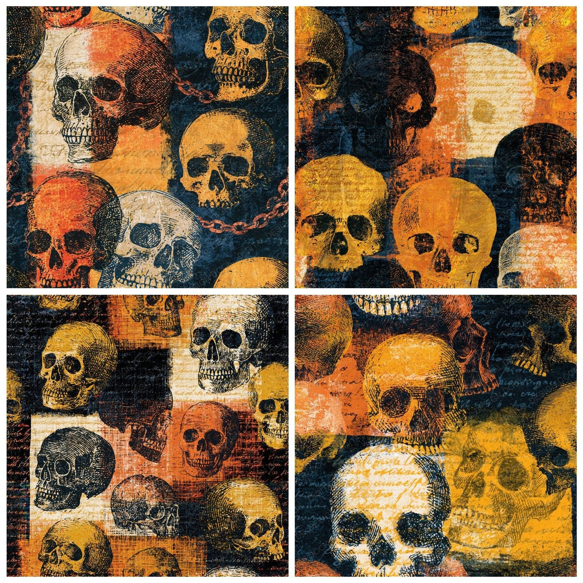 Four Scratchboard Skulls Honey Mustard Seamless digital papers from the pack shown in a grid