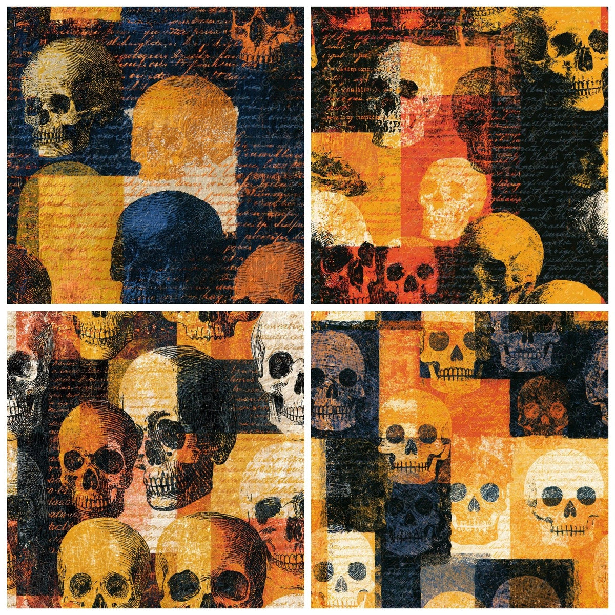 Four more Scratchboard Skulls Honey Mustard Seamless digital papers from the pack shown in a grid