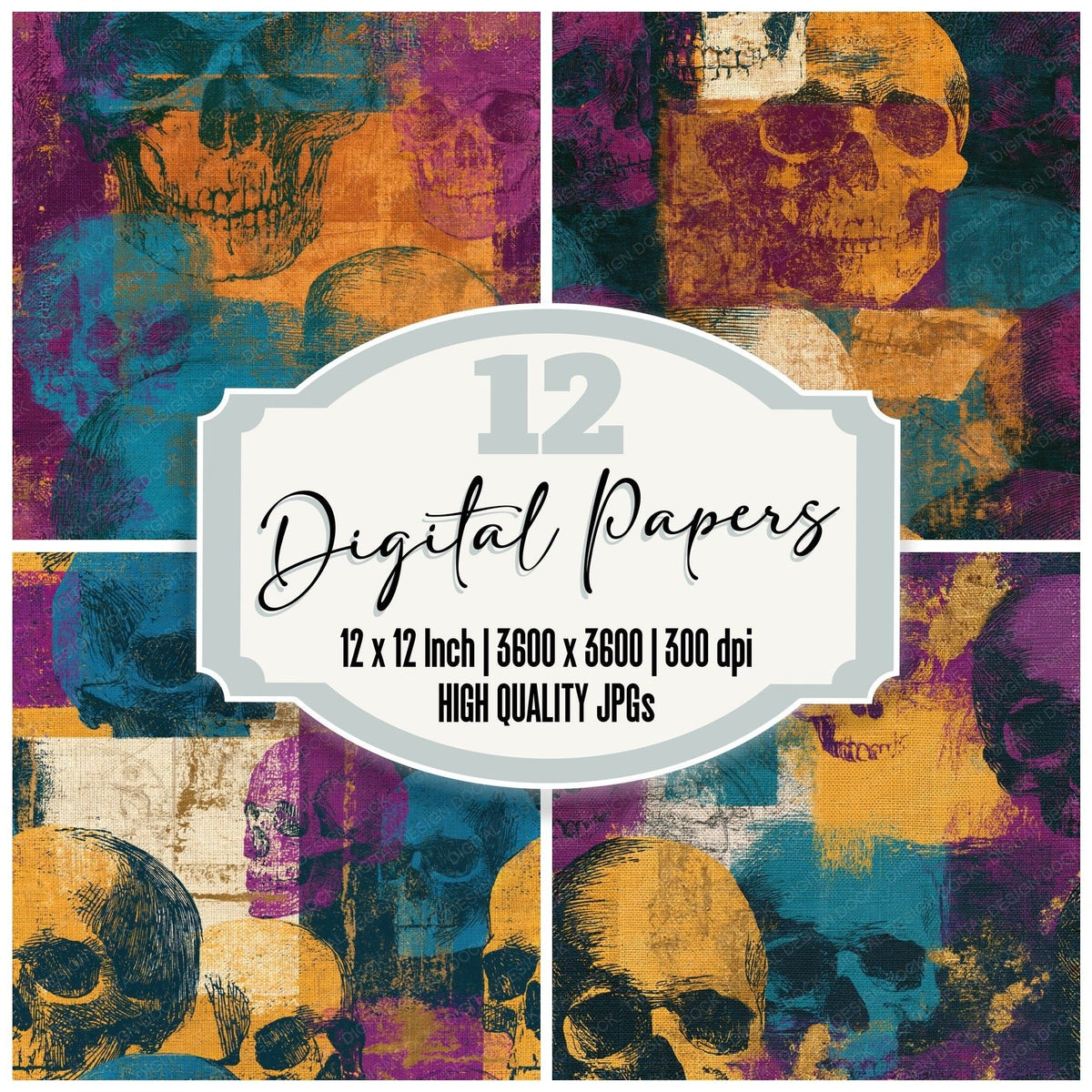Scratchboard Skulls Ochre Plum Seamless digital paper pack cover showing four of the 12 papers