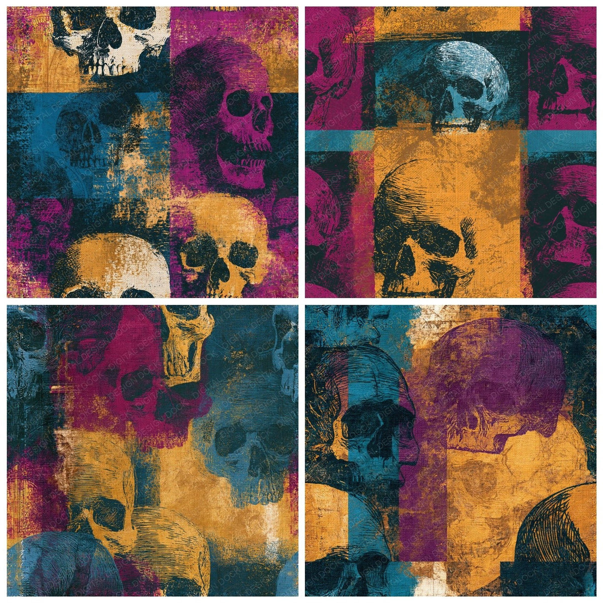 Four Scratchboard Skulls Ochre Plum Seamless digital papers from the pack shown in a grid