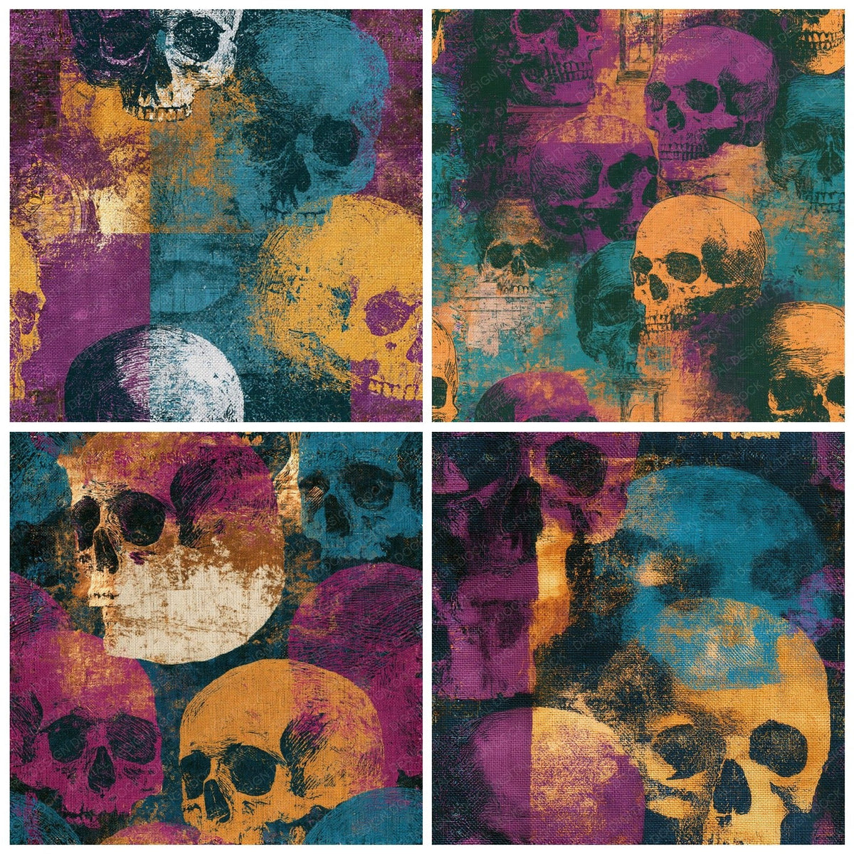 Four more Scratchboard Skulls Ochre Plum Seamless digital papers from the pack shown in a grid