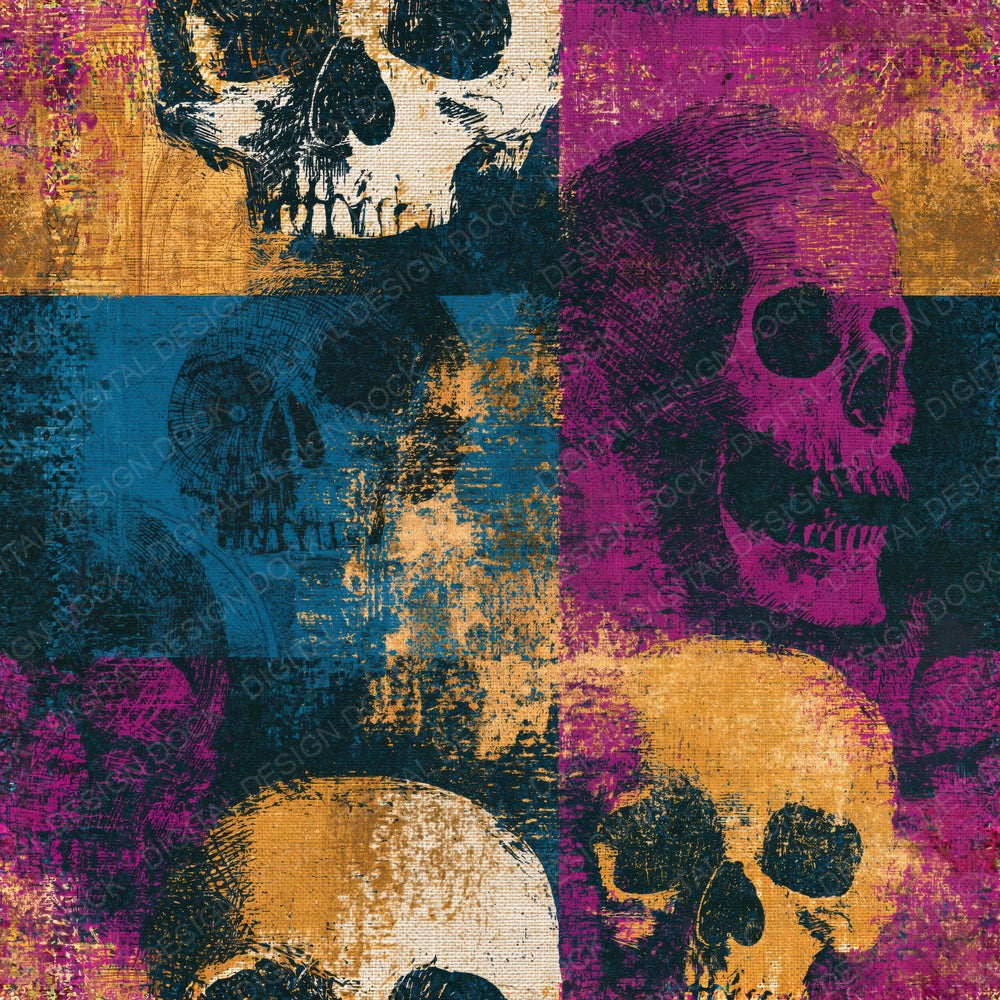 Single Scratchboard Skulls Ochre Plum Seamless digital paper shown full size