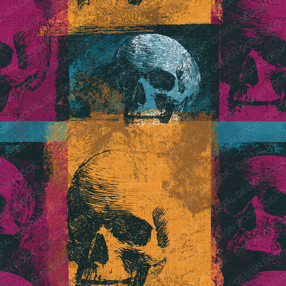 Another Scratchboard Skulls Ochre Plum Seamless digital paper shown full size